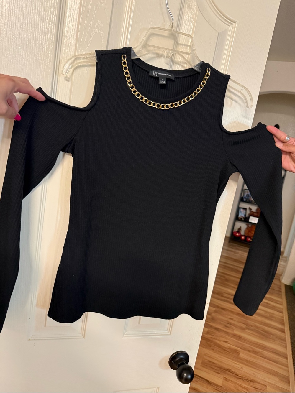 INC International Concepts Black Cold-Shoulder Long Sleeve Top with Gold Chain